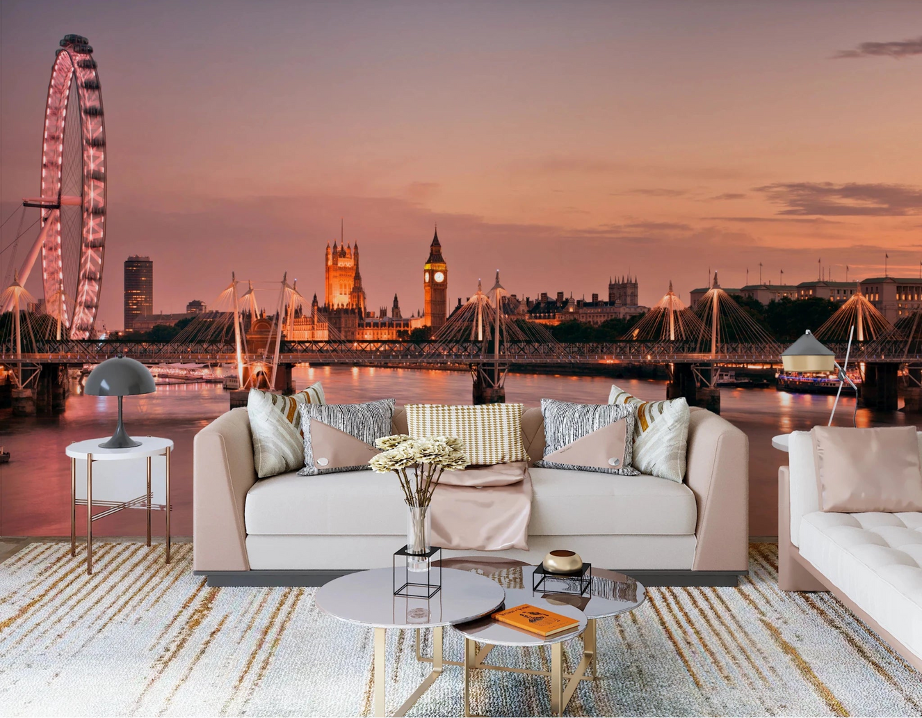 A soft living room opens onto Iconic London at Dusk Wall Mural and evening river glow