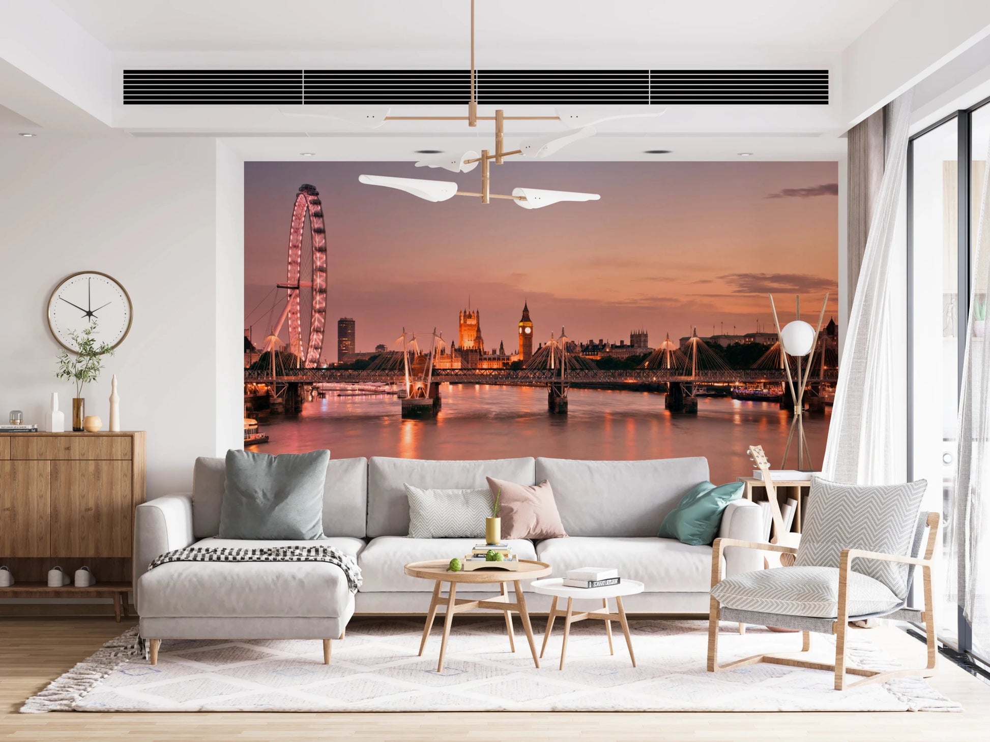 Soft daylight meets Iconic London at Dusk Wall Mural in this open living space