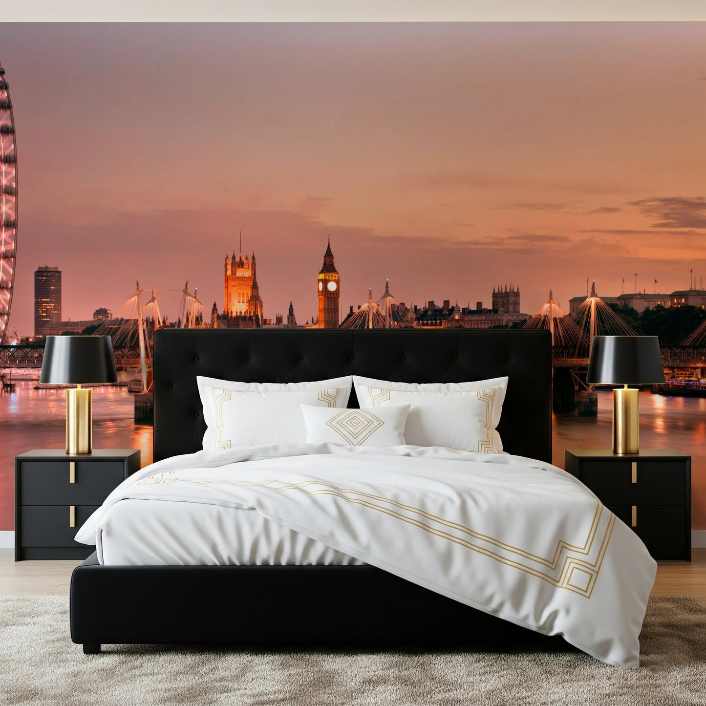 Behind the bed, Iconic London at Dusk Wall Mural brings in a warm London skyline