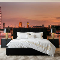 Behind the bed, Iconic London at Dusk Wall Mural brings in a warm London skyline