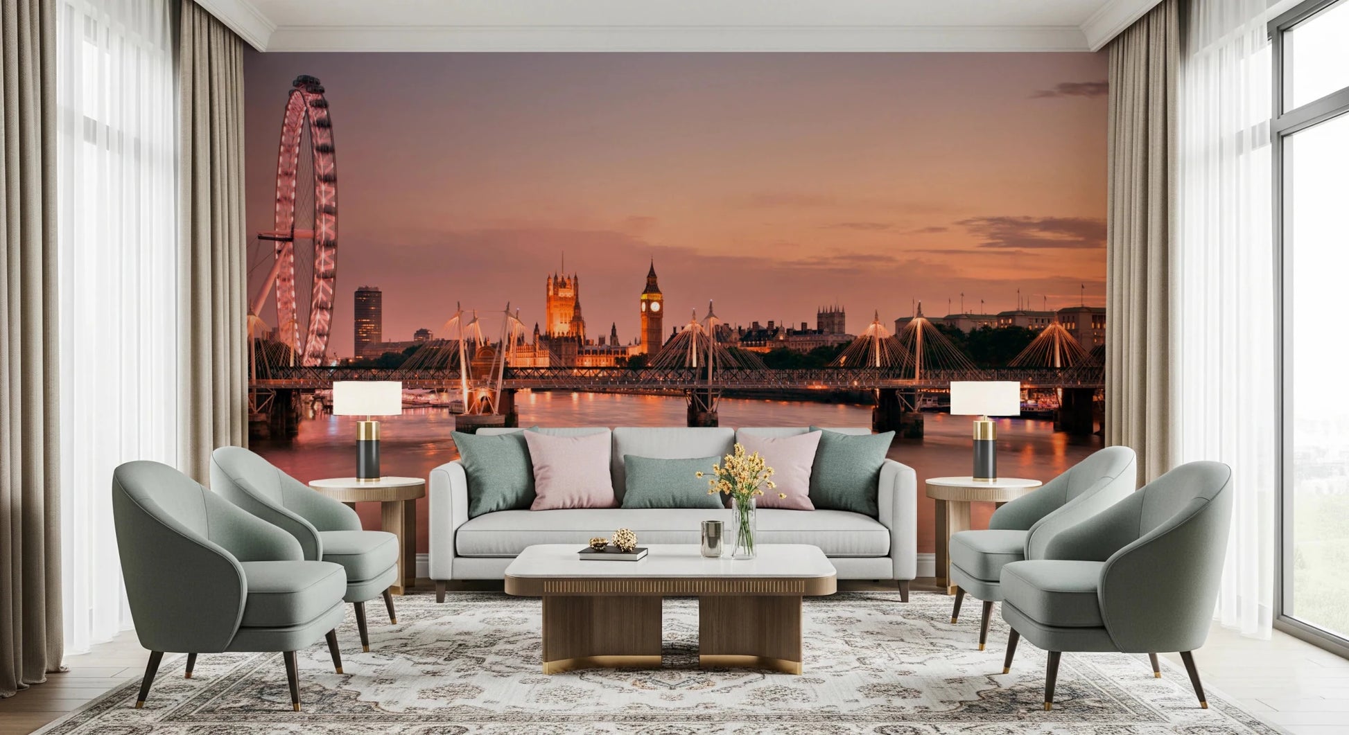 Iconic London at Dusk Wall Mural adds a glowing skyline edge to this seating area