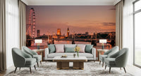 Iconic London at Dusk Wall Mural adds a glowing skyline edge to this seating area