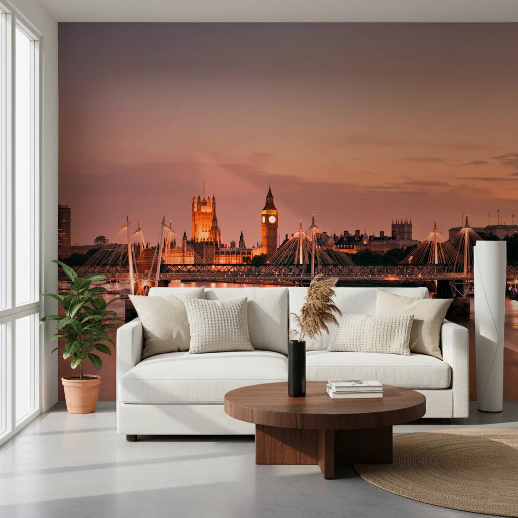 Iconic London at Dusk Wall Mural gives this lounge a calm bridge-lit backdrop