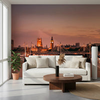 Iconic London at Dusk Wall Mural gives this lounge a calm bridge-lit backdrop