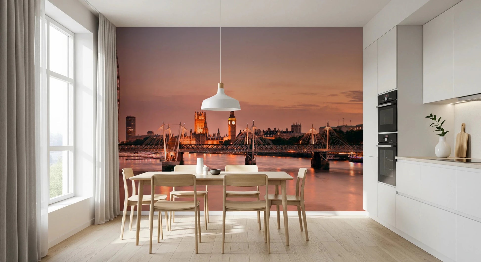 Dinner seating sits against Iconic London at Dusk Wall Mural in sunset city tones