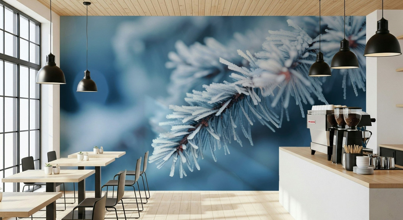 A beautiful subtle winter branch wallpaper mural with an icy texture.