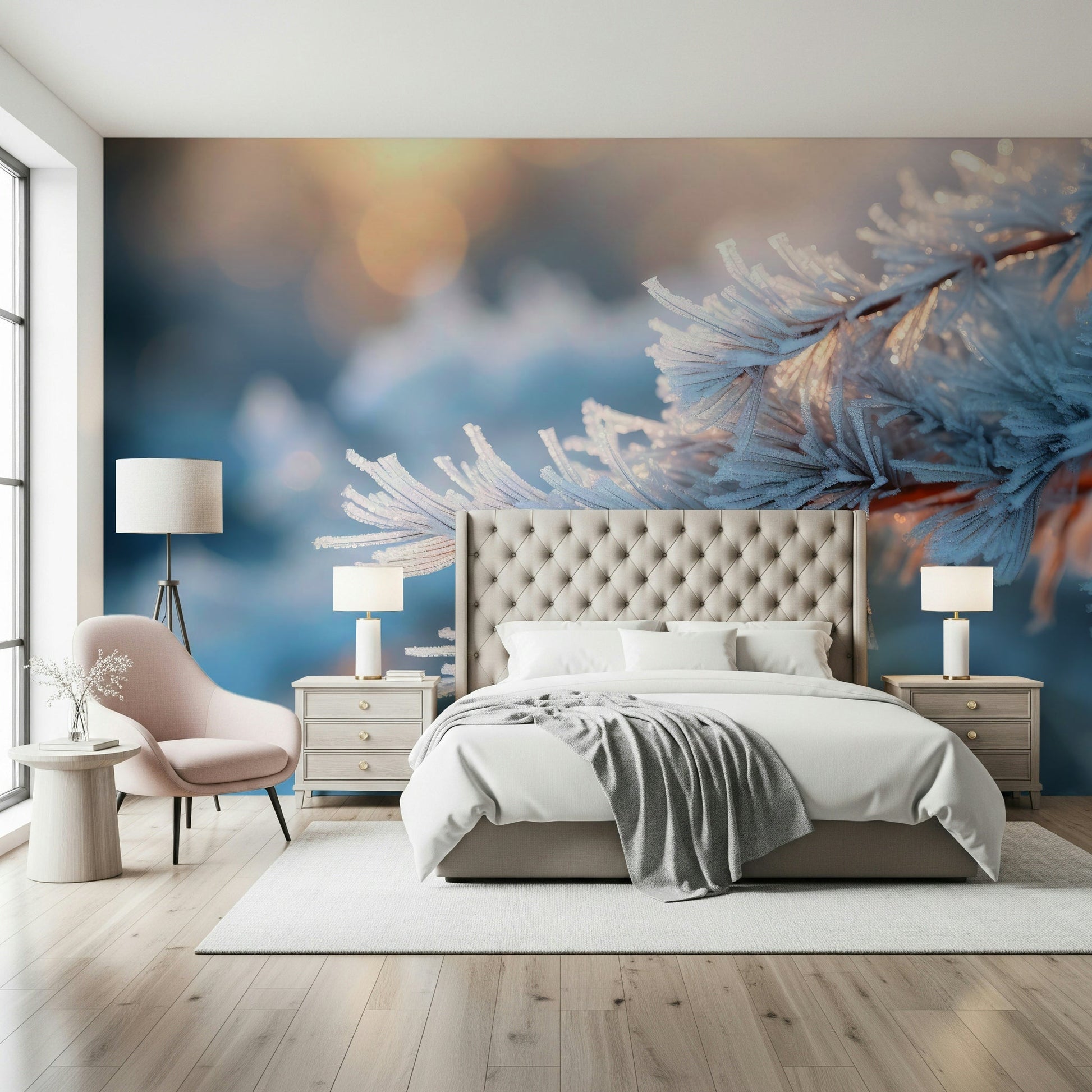 A calming abstract design wallpaper mural that defines a space.