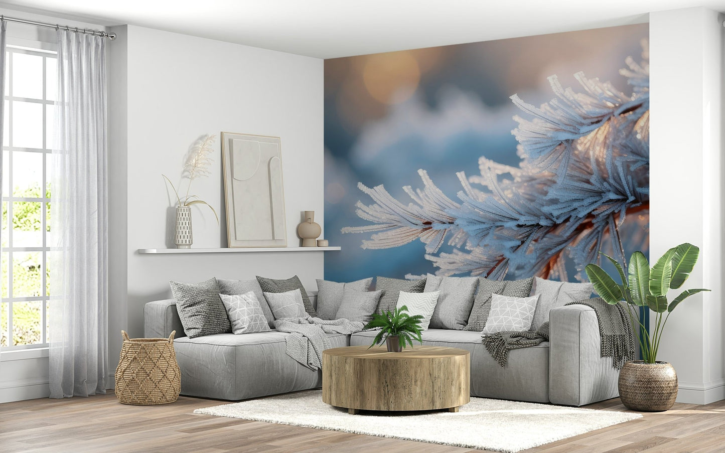 A serene flowing design wall mural for your decor in white and blue.