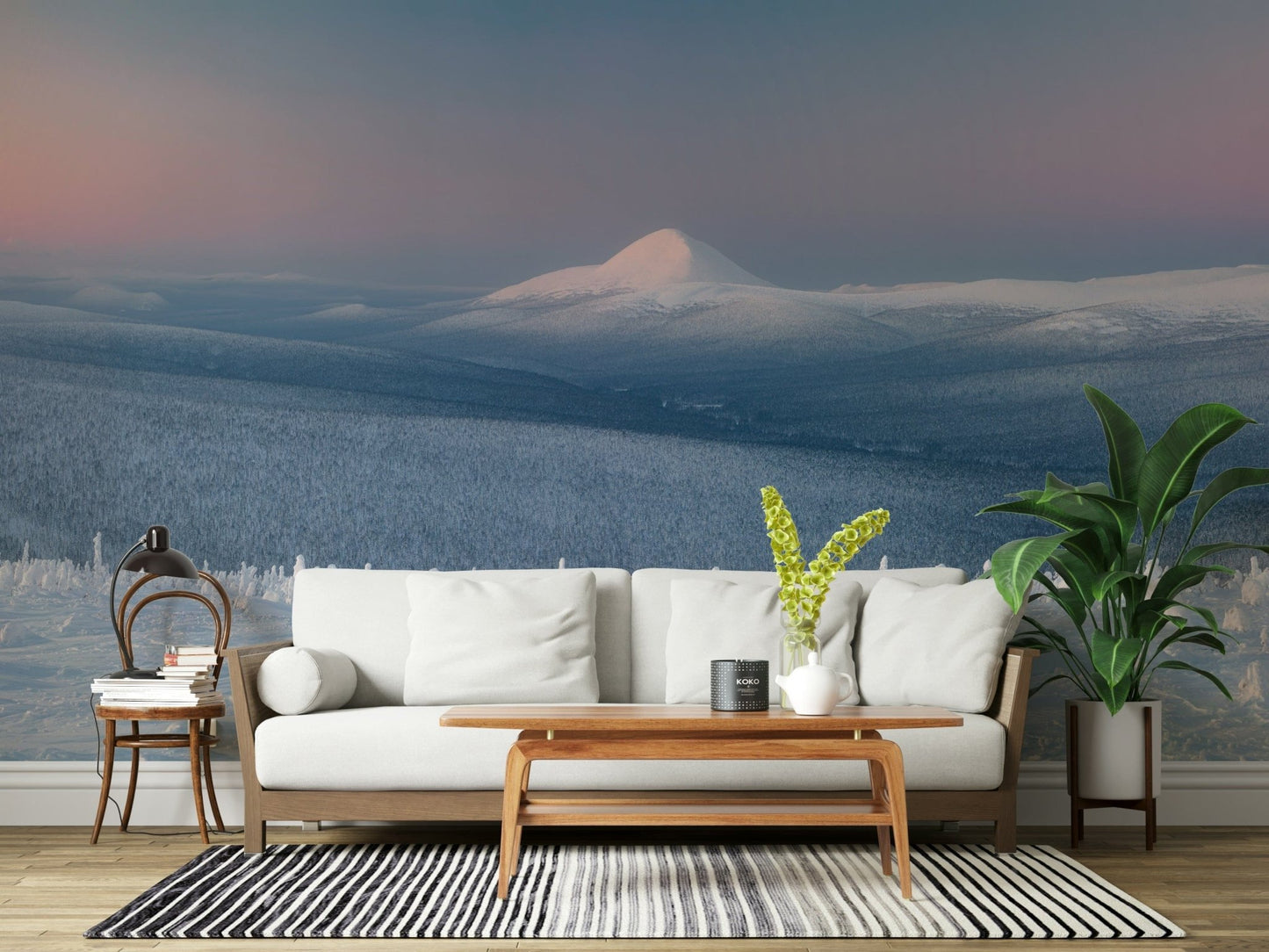 A beautiful icy mountain wallpaper mural with subtle, misty peaks.