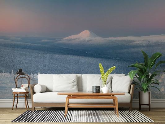 A beautiful icy mountain wallpaper mural with subtle, misty peaks.
