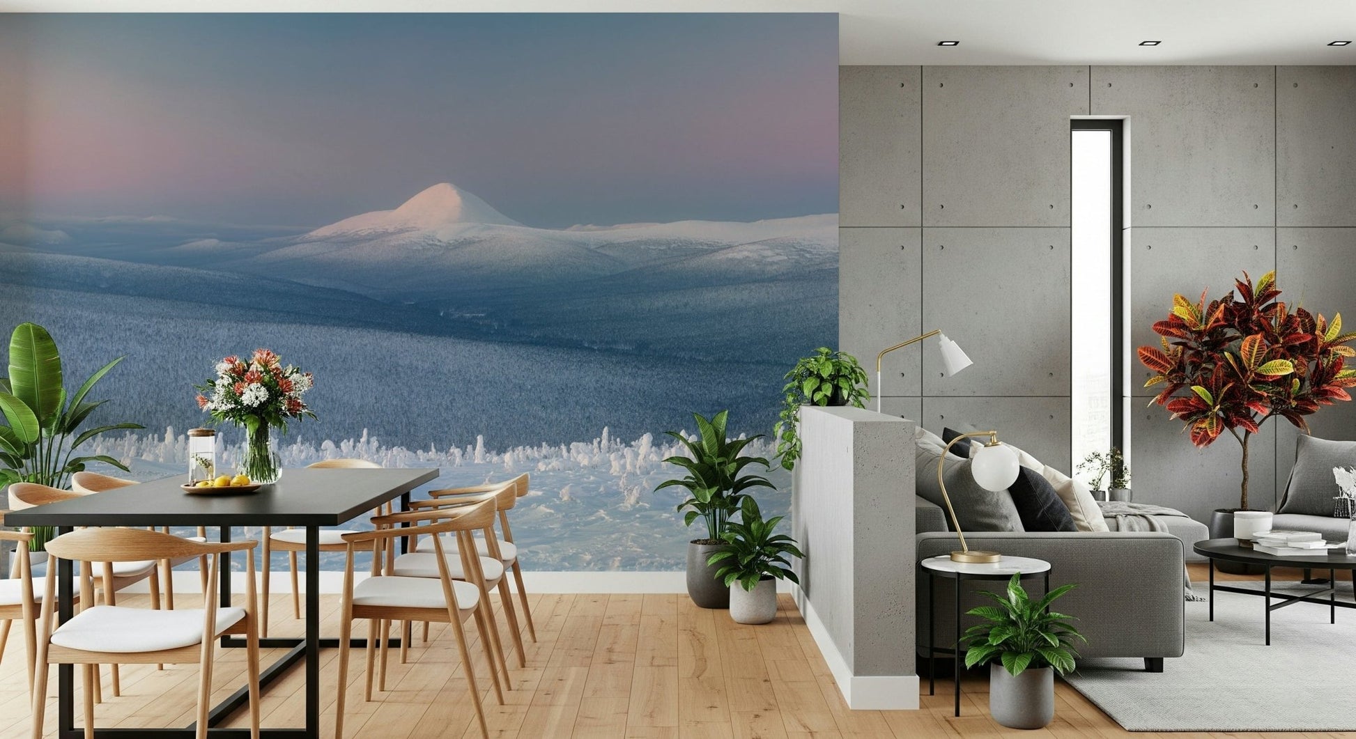 An artistic scenic landscape mural on minimalist wallpaper.