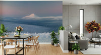 An artistic scenic landscape mural on minimalist wallpaper.