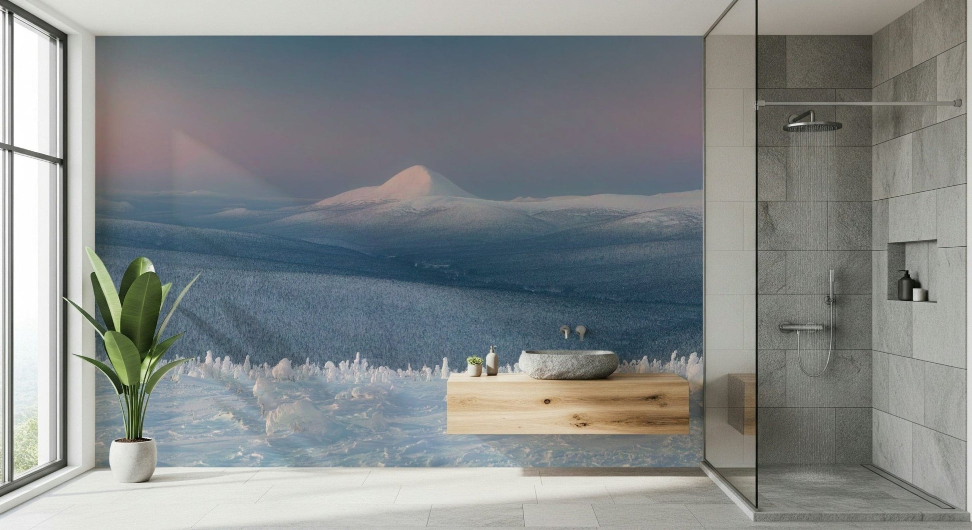 A beautiful panoramic wall mural of an icy landscape.