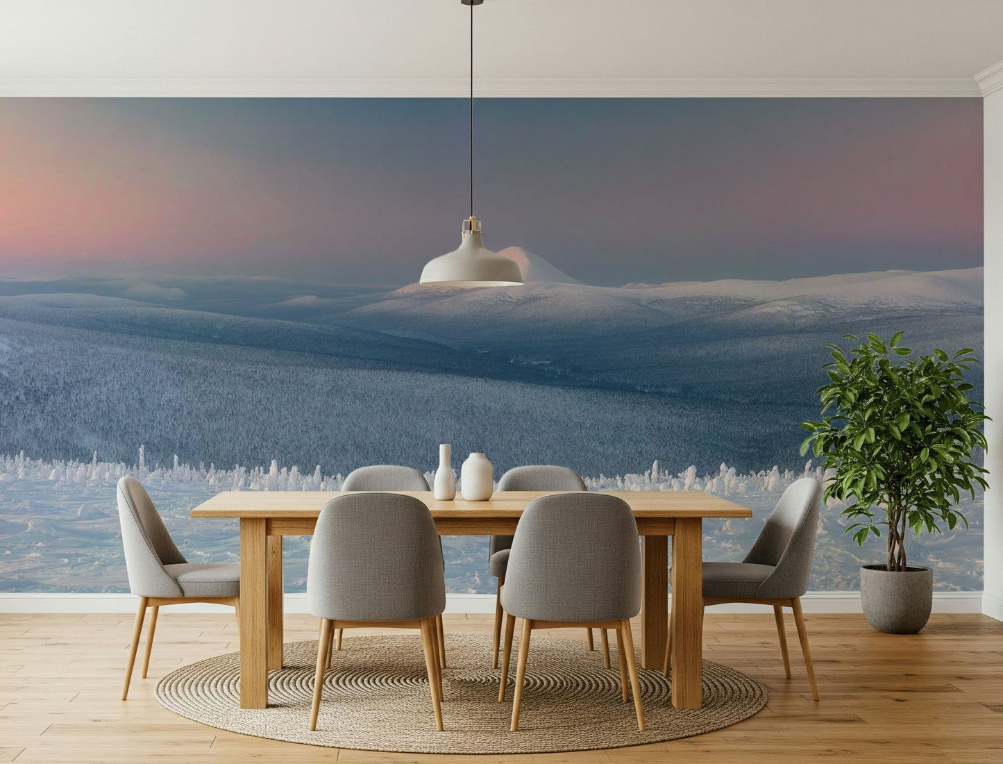 A graceful subtle mountain wall mural in cool, icy tones.
