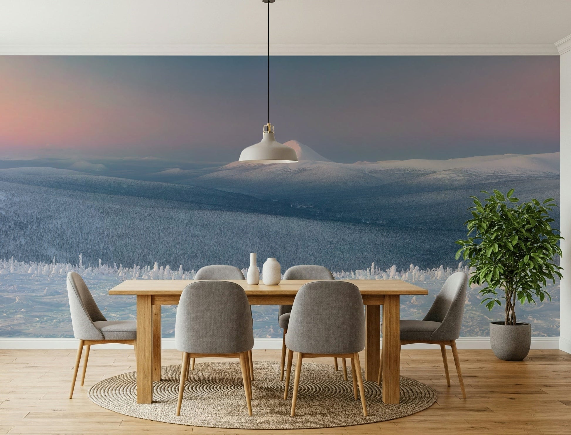 A graceful subtle mountain wall mural in cool, icy tones.