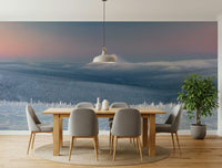 A graceful subtle mountain wall mural in cool, icy tones.