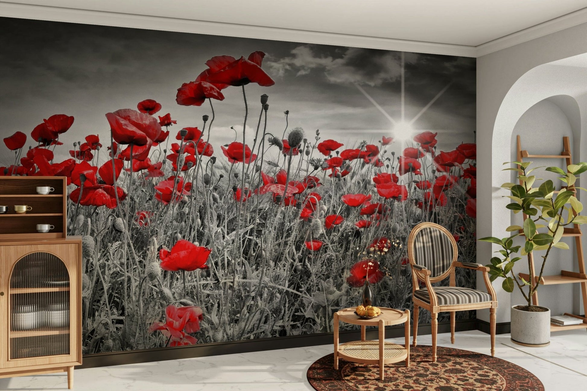 Landscape mural wallpaper of blooming poppies

