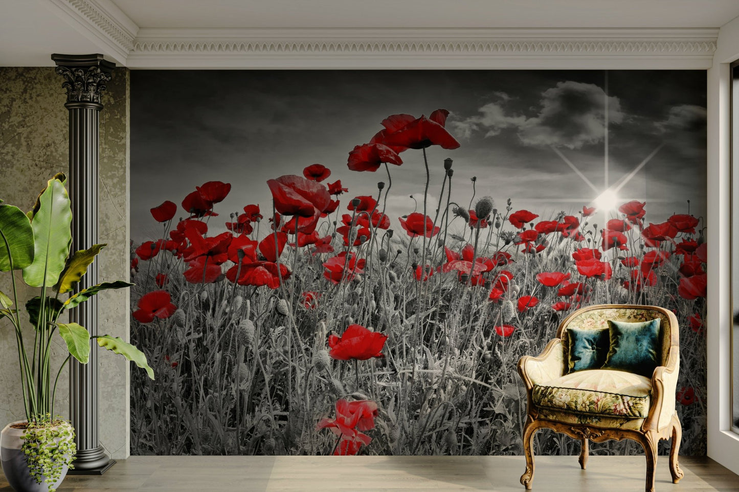 Floral wallpaper mural with golden sunlight

