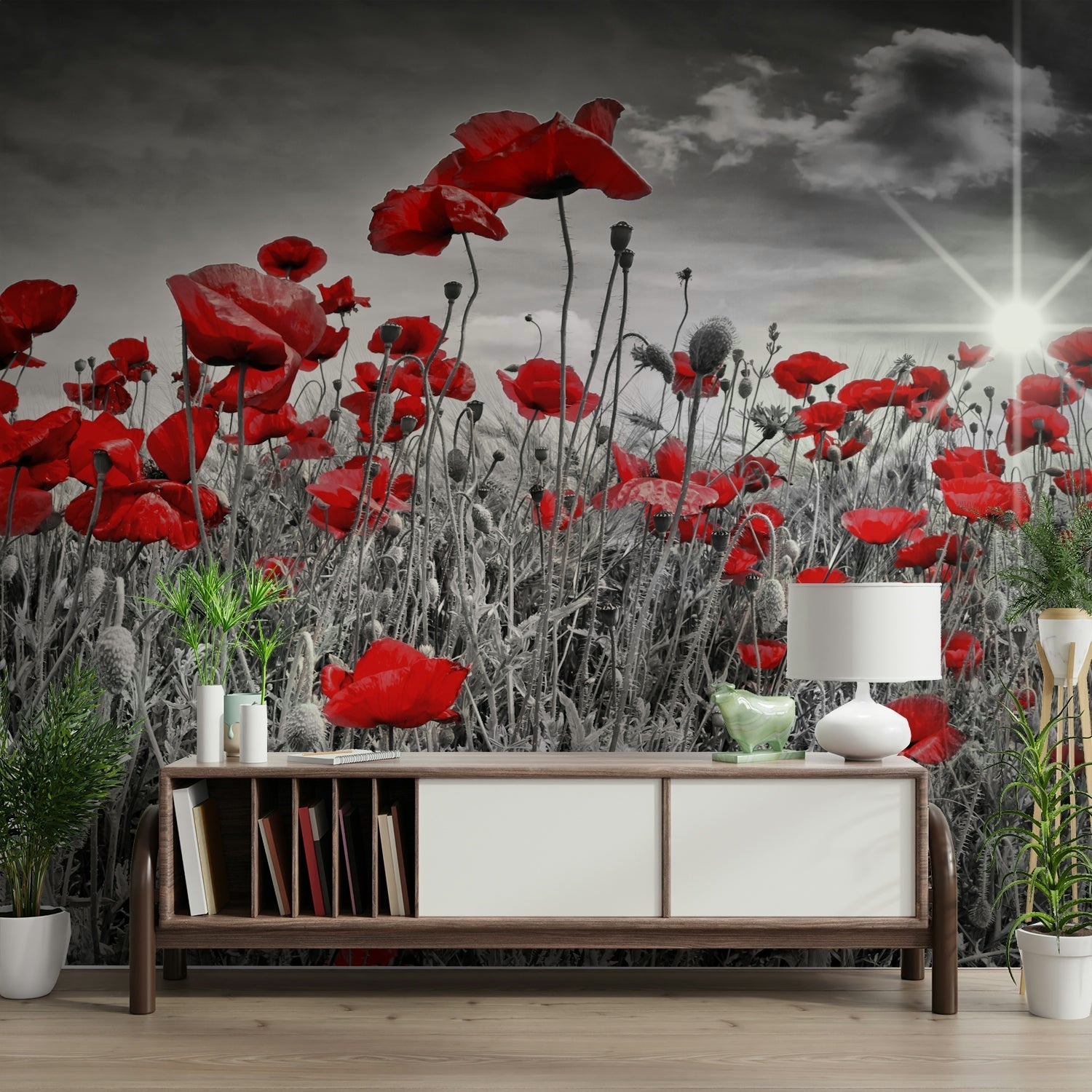 Wide view of poppy flowers and sky mural

