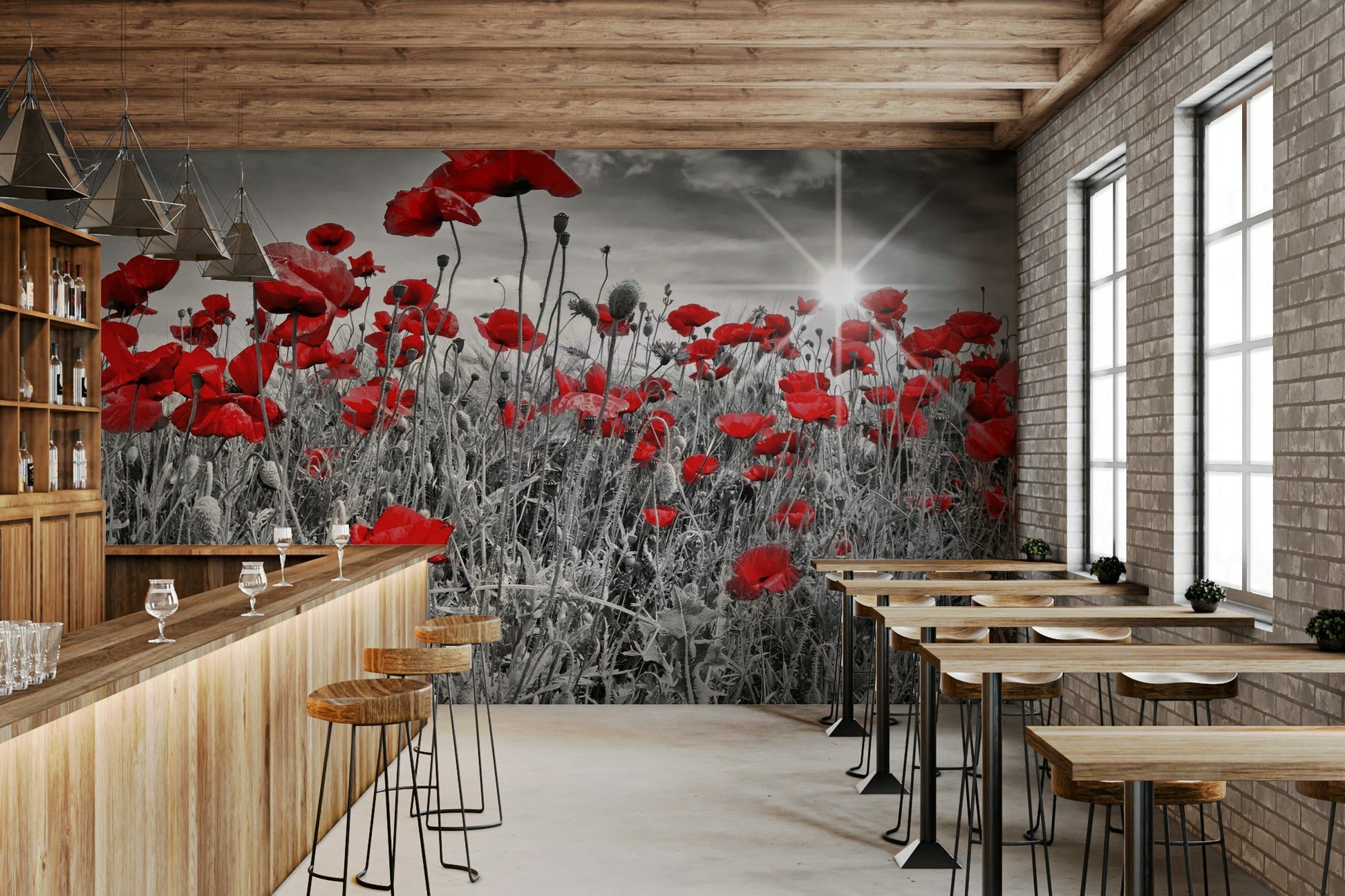Wall mural of red poppies in sunny field


