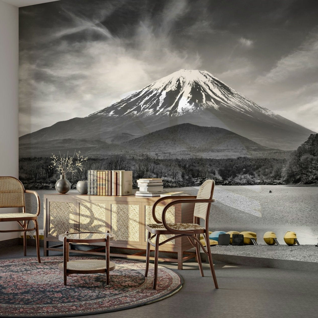 Artistic Japan mural with muted tones and crystal-clear lake., GD1492