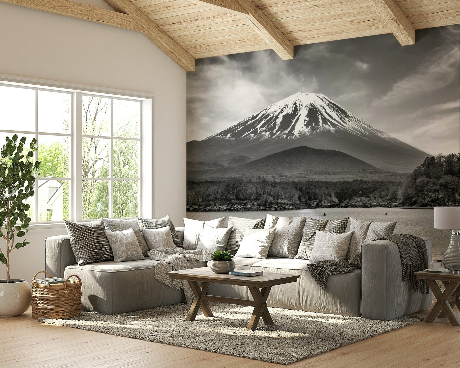 Peaceful colorkey mural with vibrant lake and grayscale mountain., GD1492
