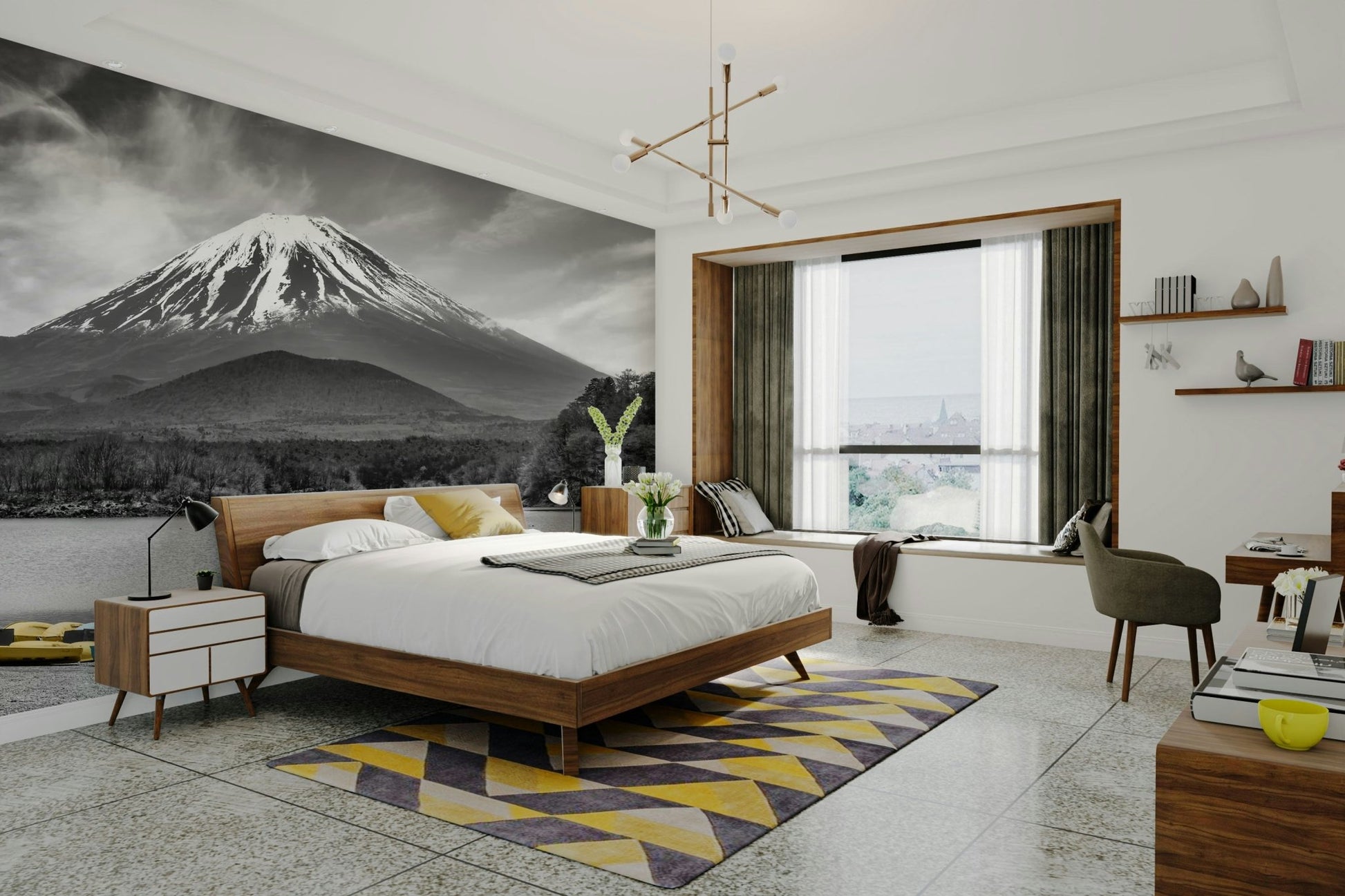 Tranquil lake mural featuring Mount Fuji and soft monochrome tones., GD1492