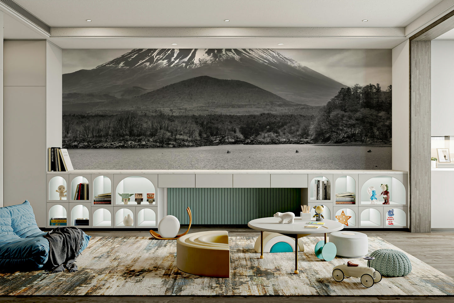 Reflective water mural with minimalist Mount Fuji backdrop.

