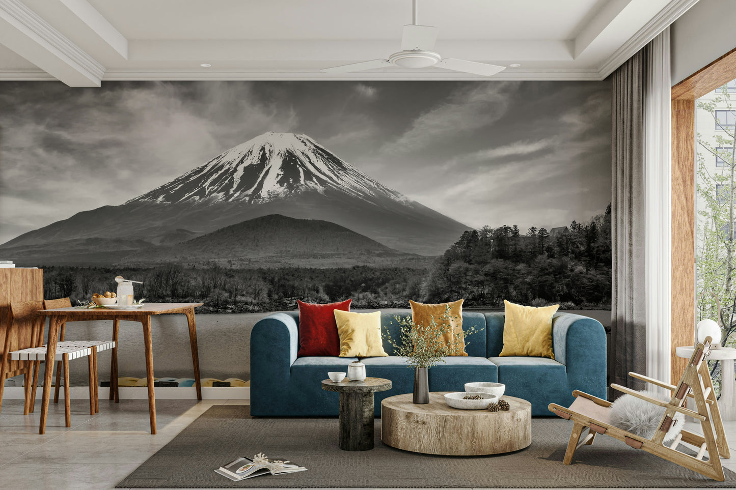 Lake Shoji mural showcasing dramatic Mount Fuji silhouette.

