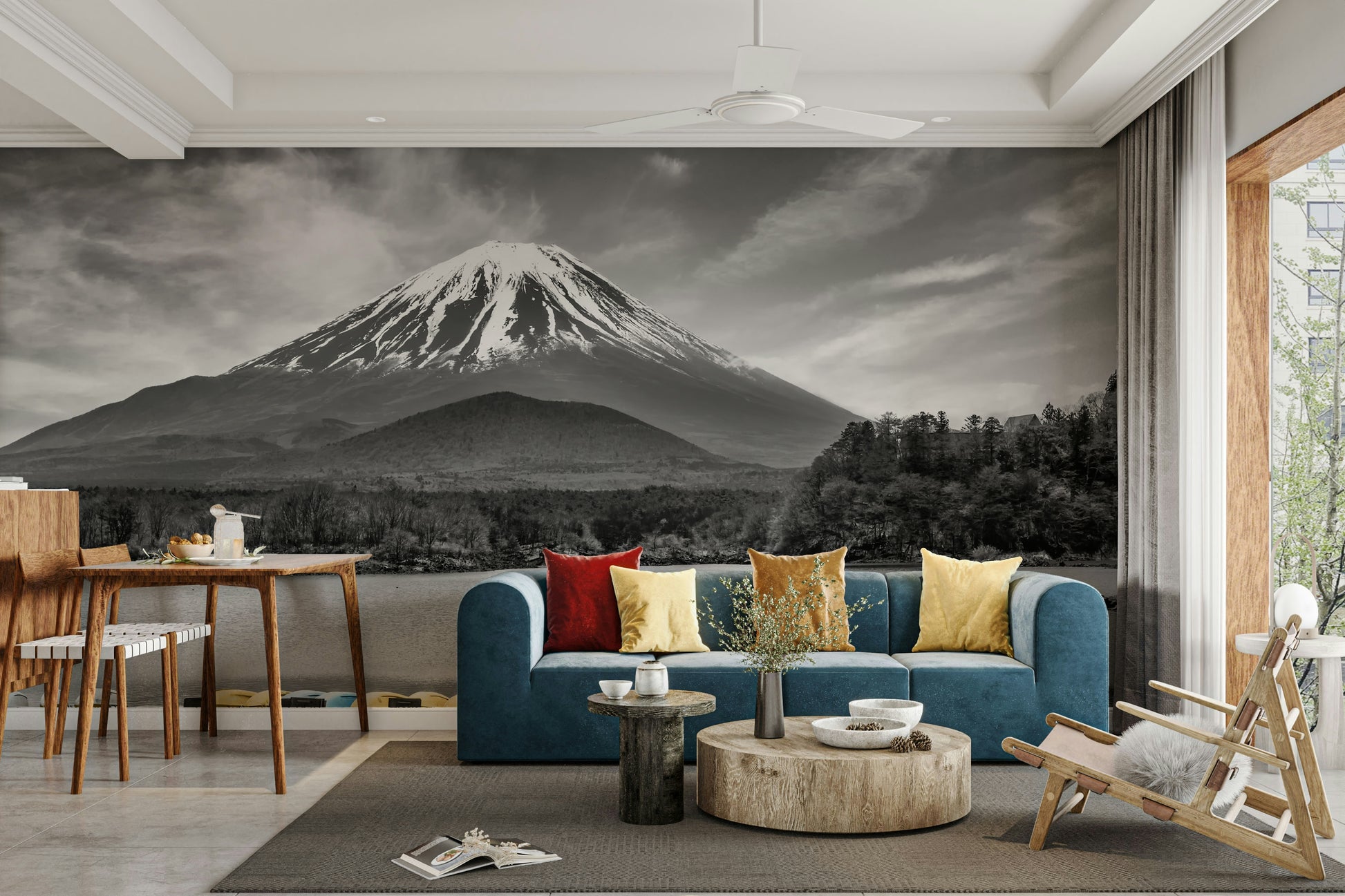 Lake Shoji mural showcasing dramatic Mount Fuji silhouette.

