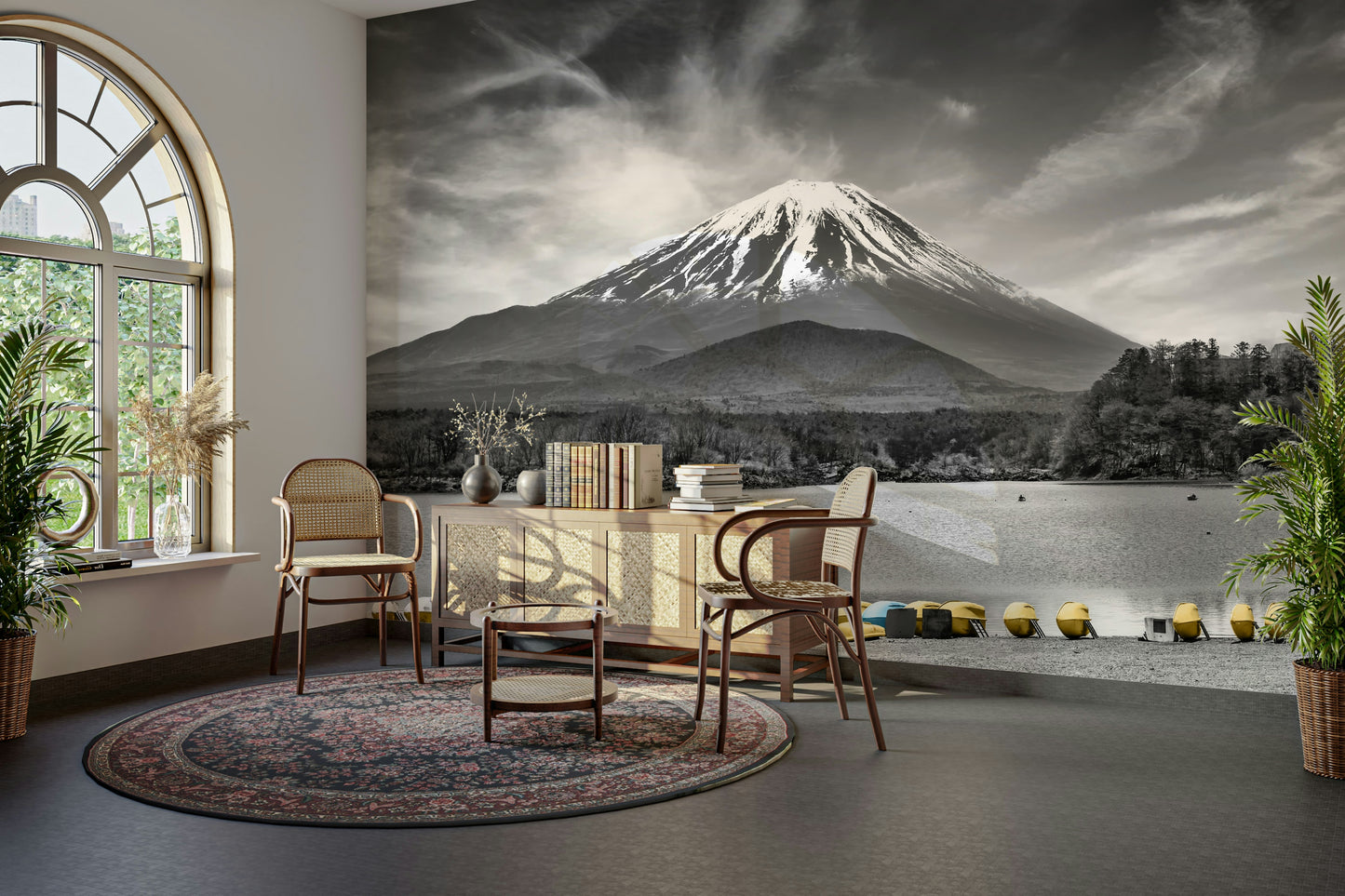 Artistic Japan mural with muted tones and crystal-clear lake.

