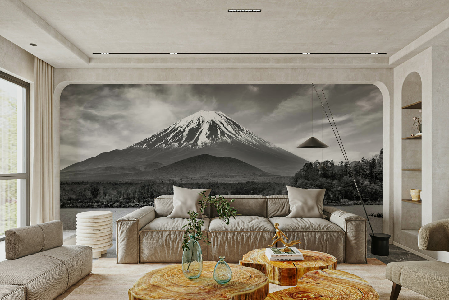 Wall mural of serene Lake Shoji under Mount Fuji’s gaze.

