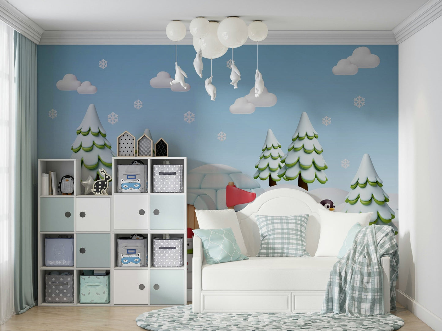 The scene includes cozy igloos and snowy hills.
