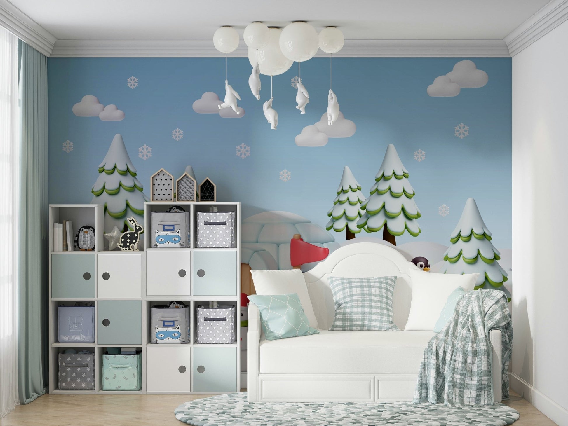 The scene includes cozy igloos and snowy hills.
