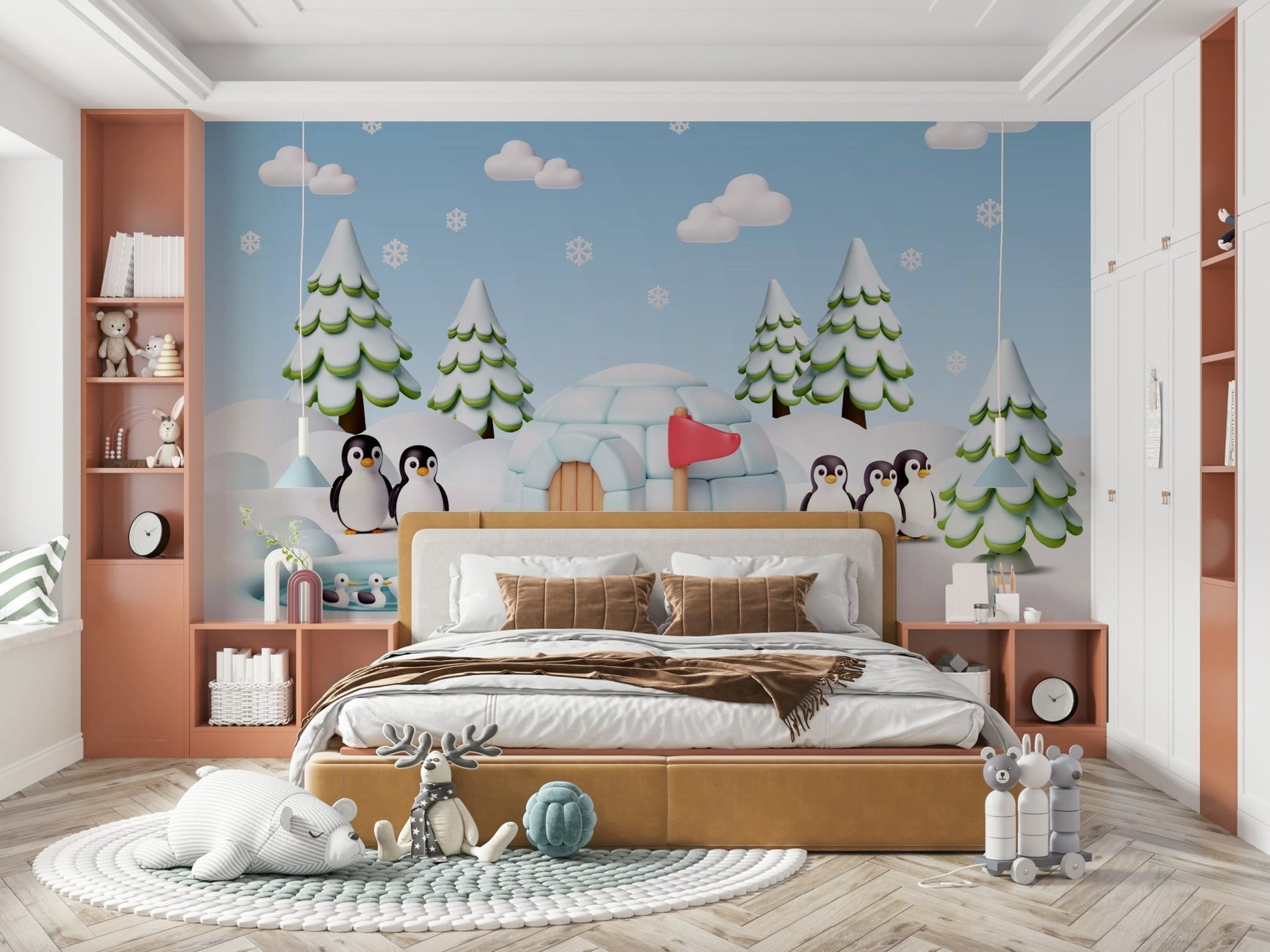 The image features various stylized, cute penguins engaged in playful activities.
