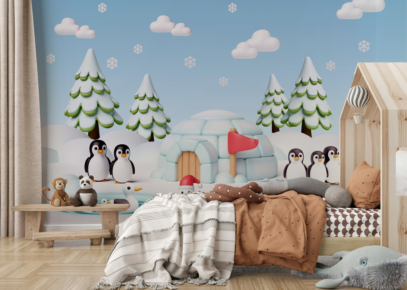 A full-wall mural of a happy, cartoon arctic scene.
