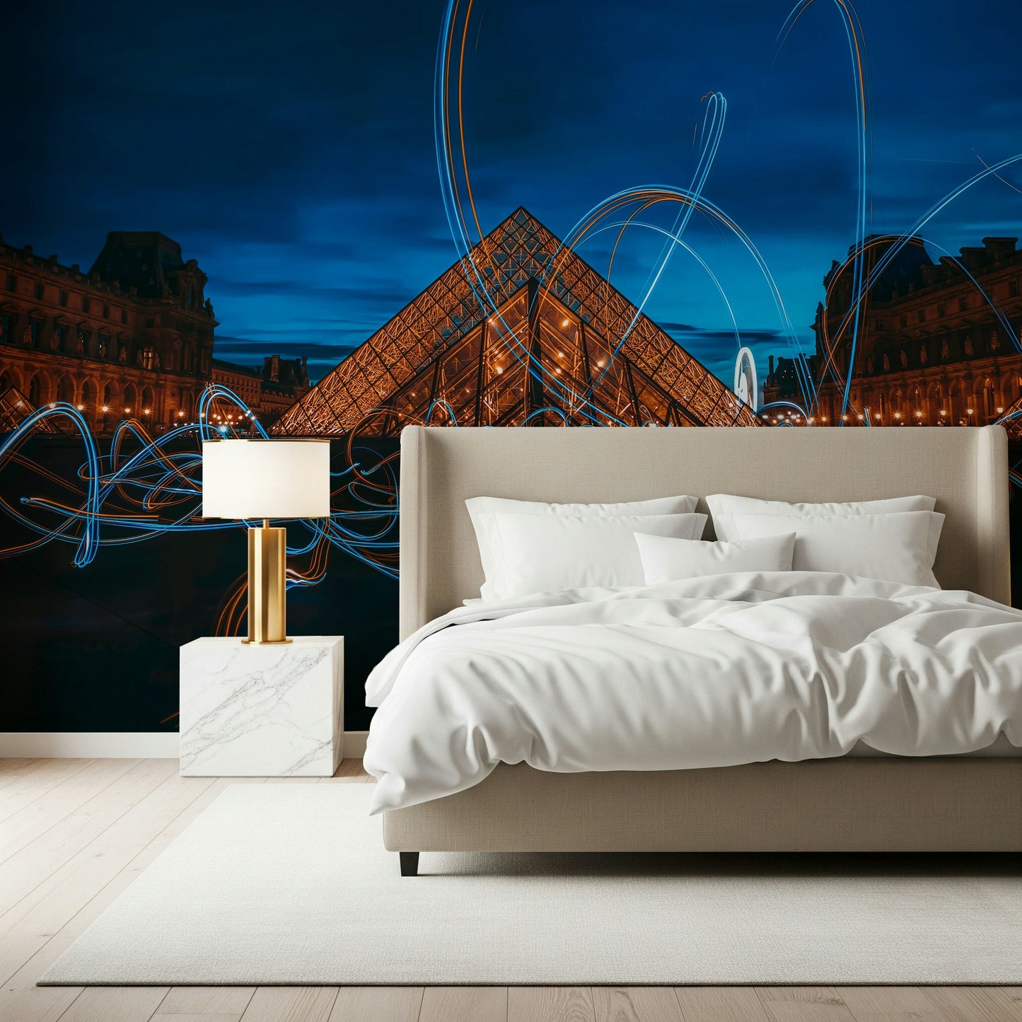 A beautiful illuminated Louvre Pyramid wallpaper mural at night.
