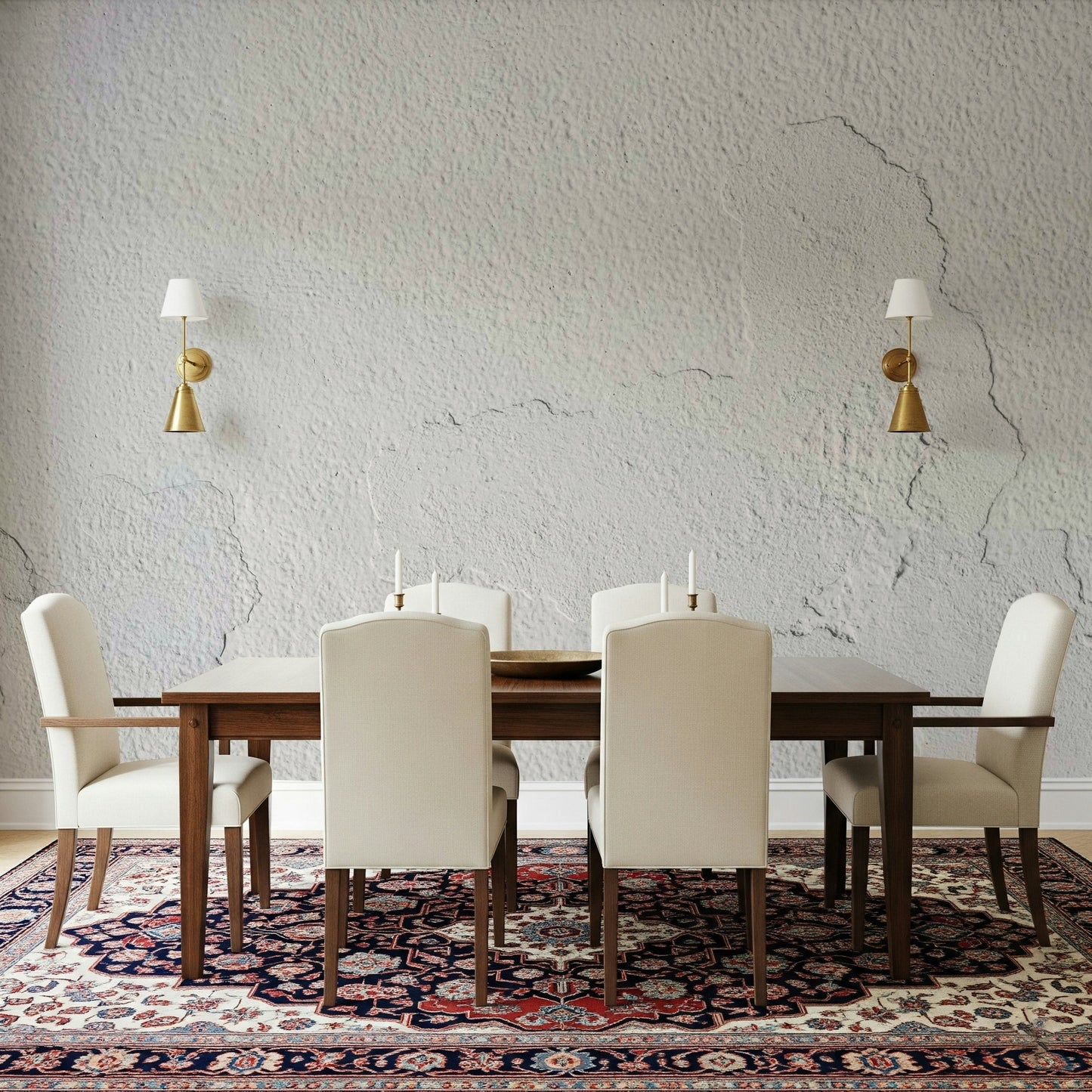 Detailed view of the faux peeling paint effect on the white peel and stick wallpaper.