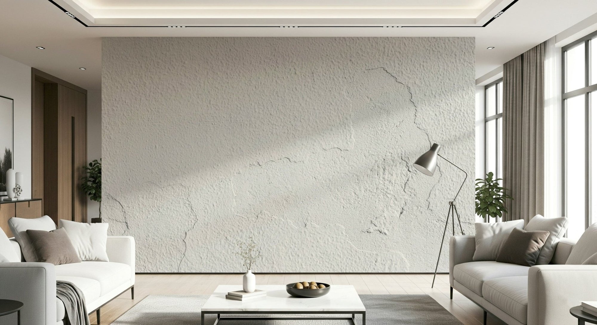 Faux distressed white plaster wallpaper for walls in a sunny living room., GD6127