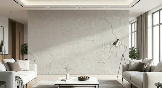 Faux distressed white plaster wallpaper for walls in a sunny living room.