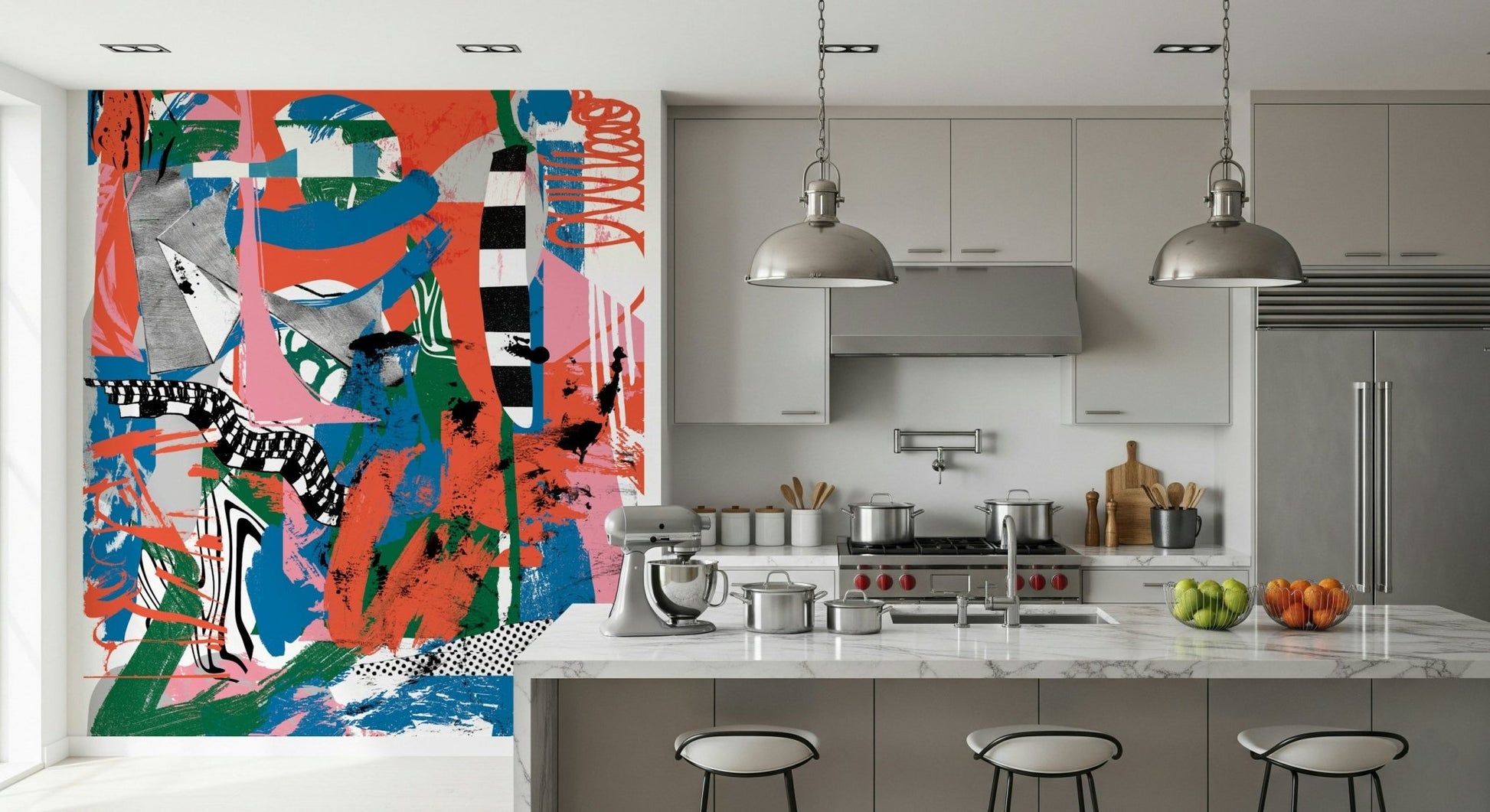 A calming abstract design wallpaper mural that defines a space.