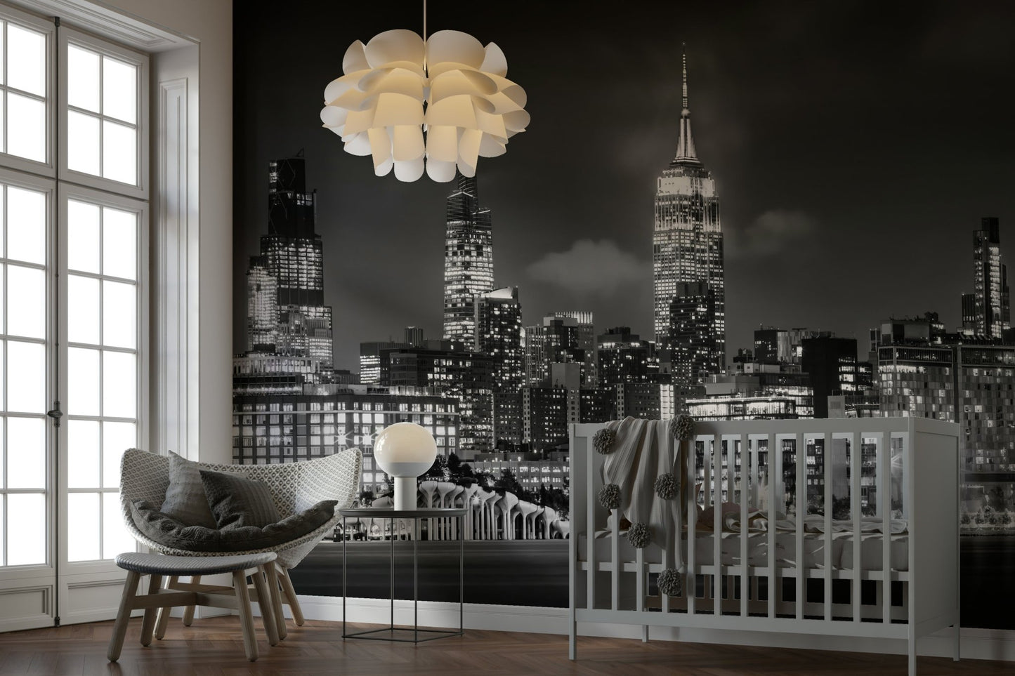 Elegant black-and-white skyline mural for contemporary decor

