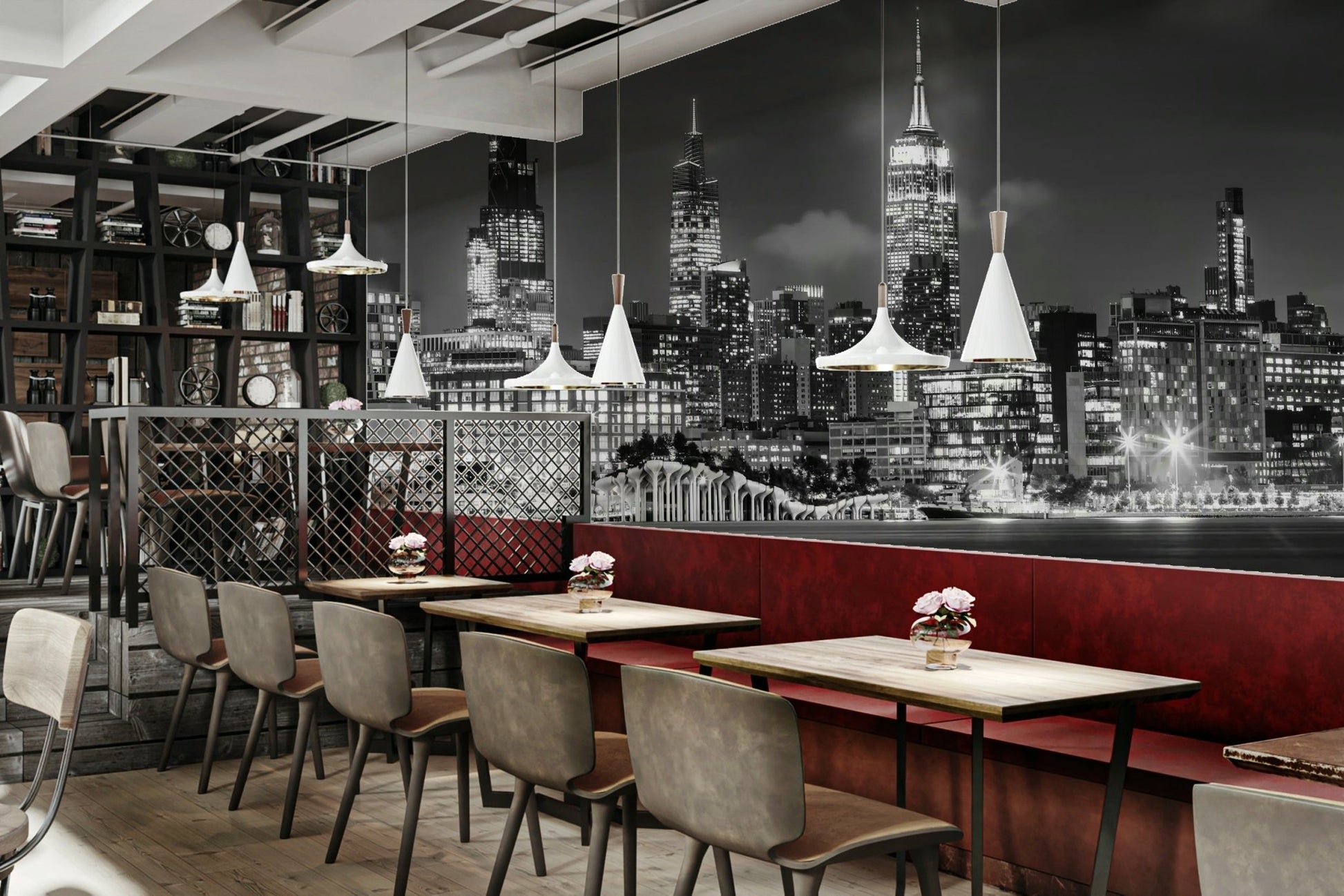 Monochrome Manhattan skyline mural with Little Island design

