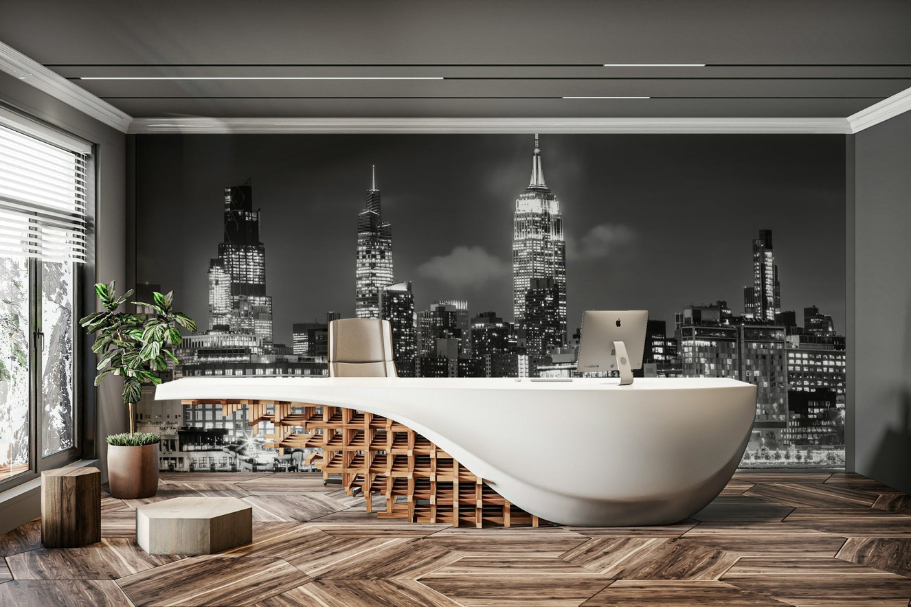 Midtown Manhattan skyline with Little Island monochrome mural

