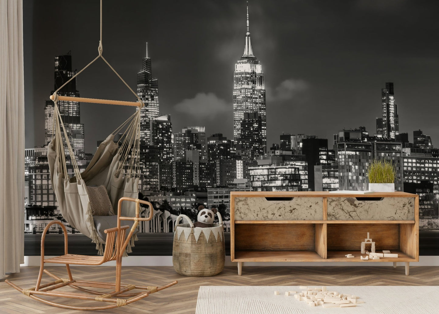 Urban monochrome mural of Manhattan skyline with Little Island

