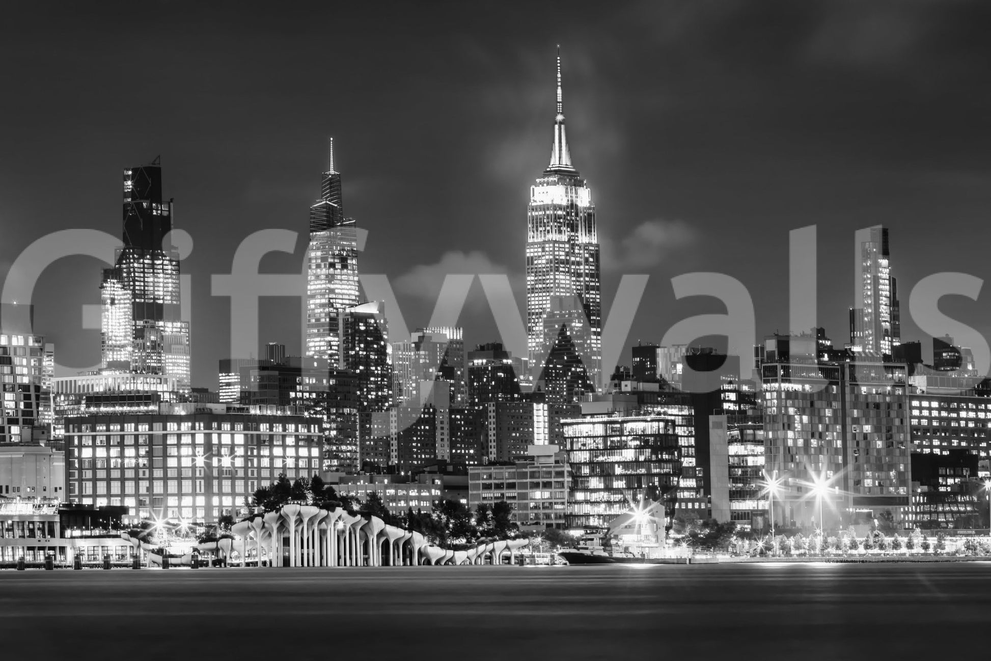 Cityscape mural featuring Midtown Manhattan and Little Island

