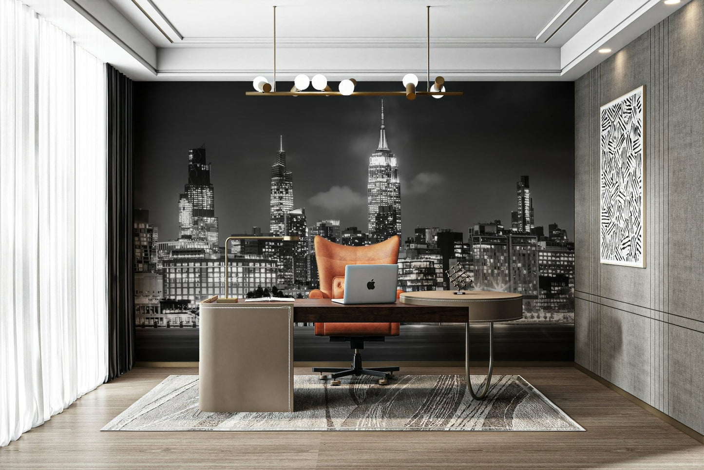 Black-and-white New York City skyline mural for modern spaces

