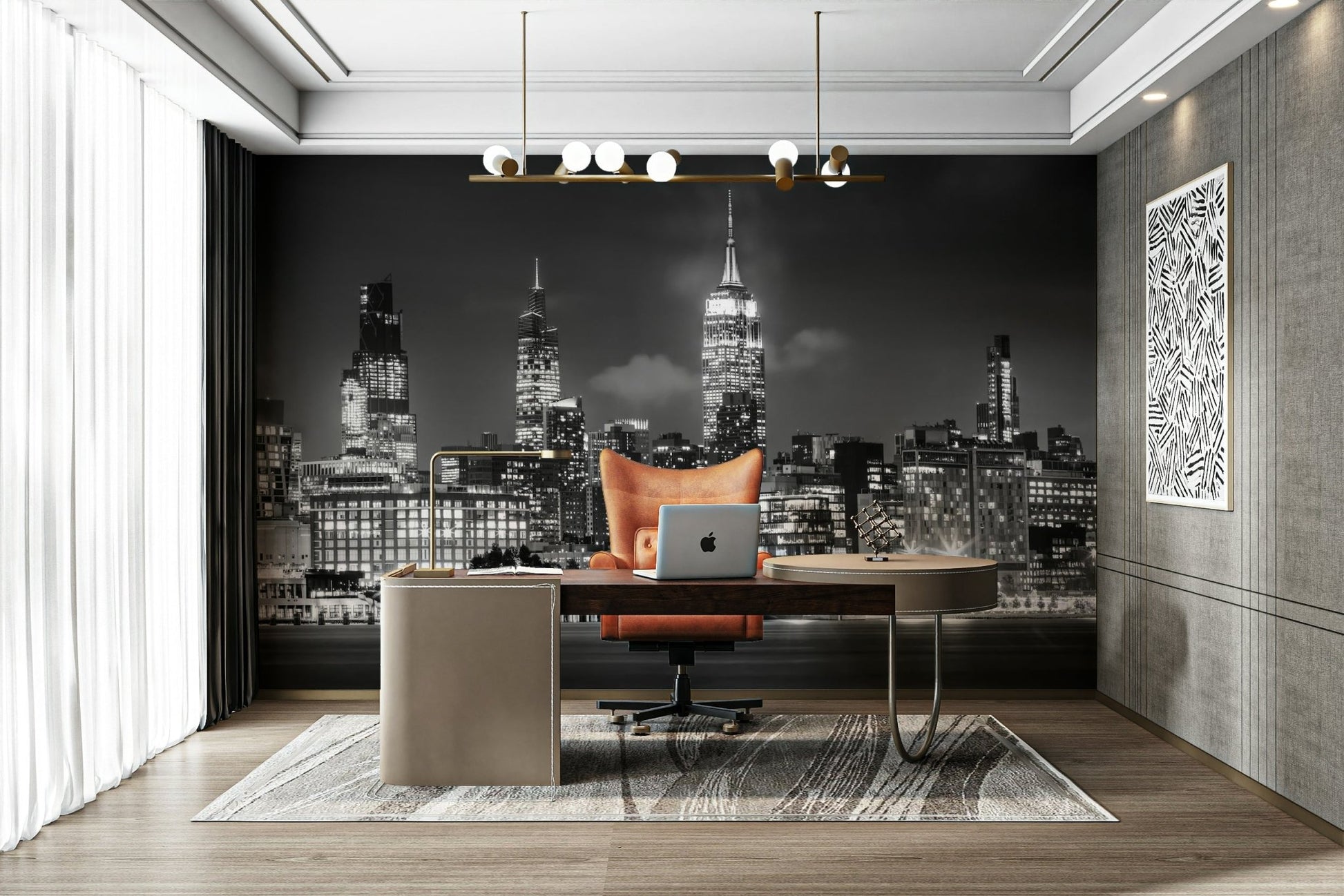 Black-and-white New York City skyline mural for modern spaces

