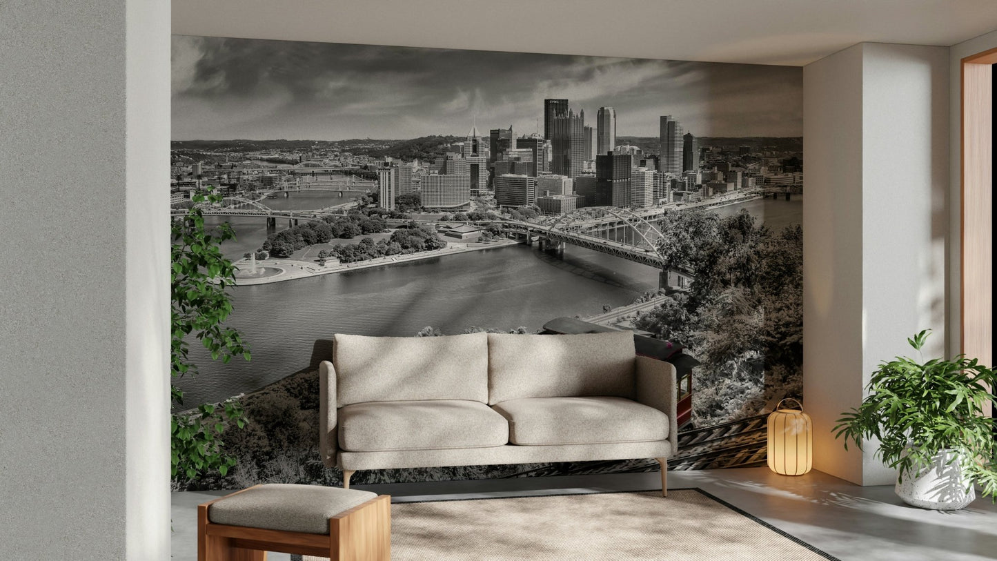 Monochrome city mural with color pop incline

