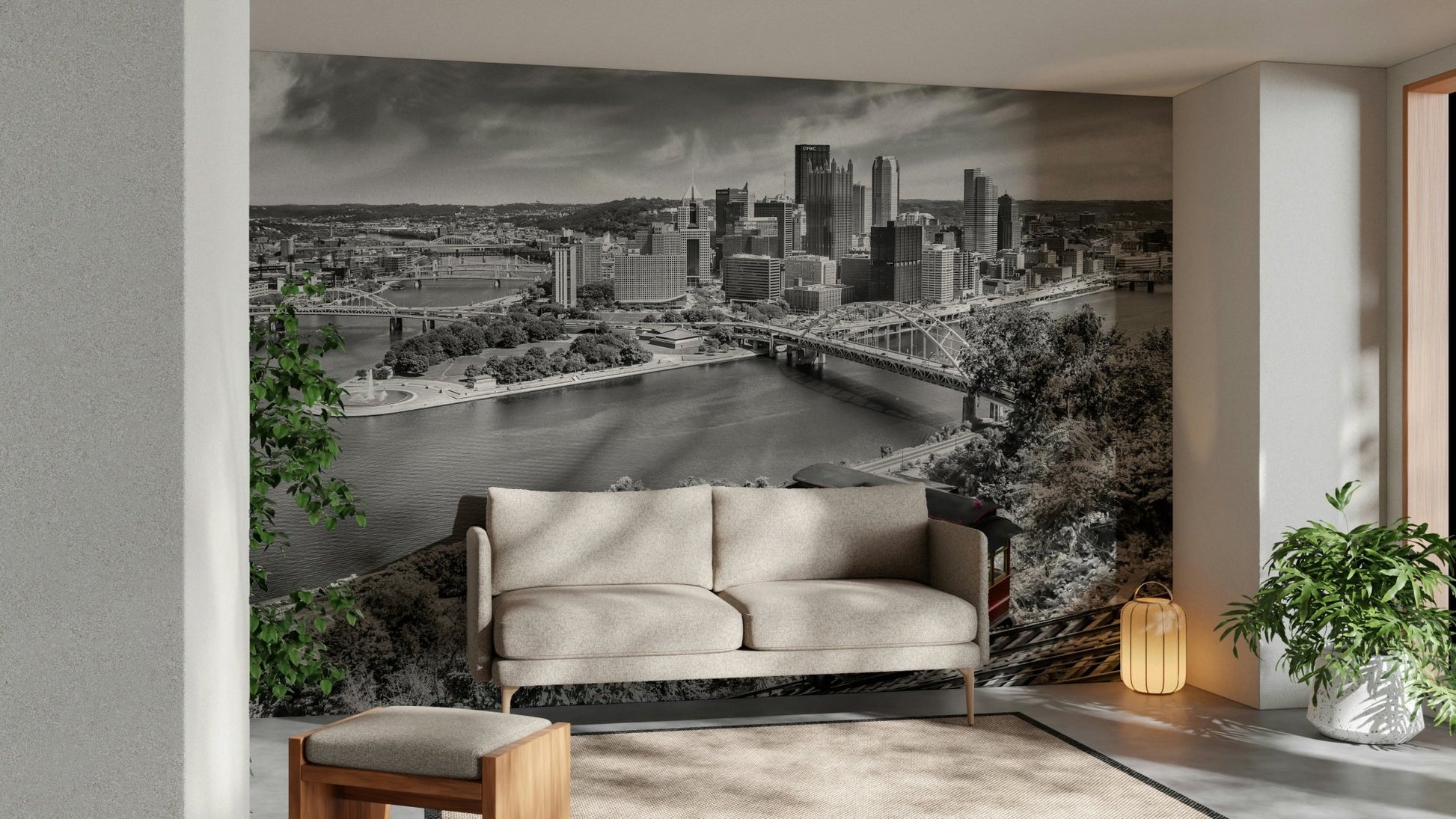 Monochrome city mural with color pop incline

